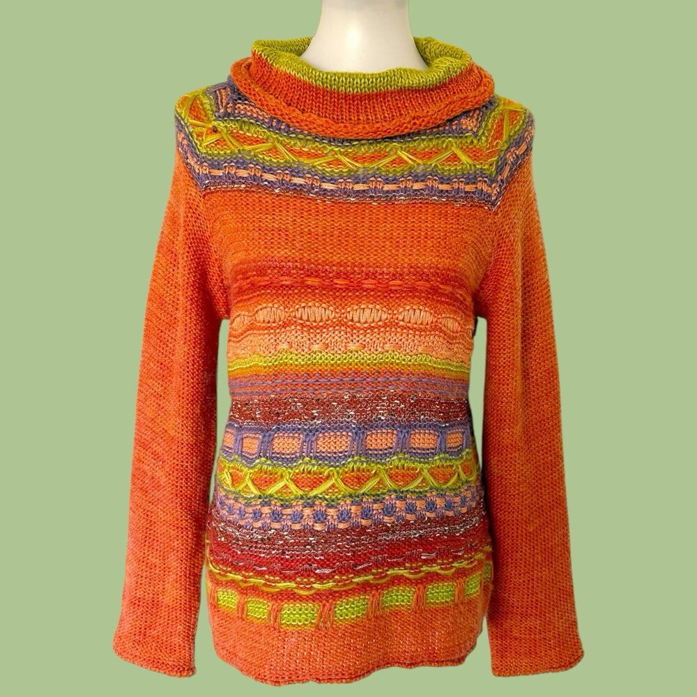 Skovhuus Knitted Wool Mohair Blend Knit Sweater Womans Large L Orange Green Gold